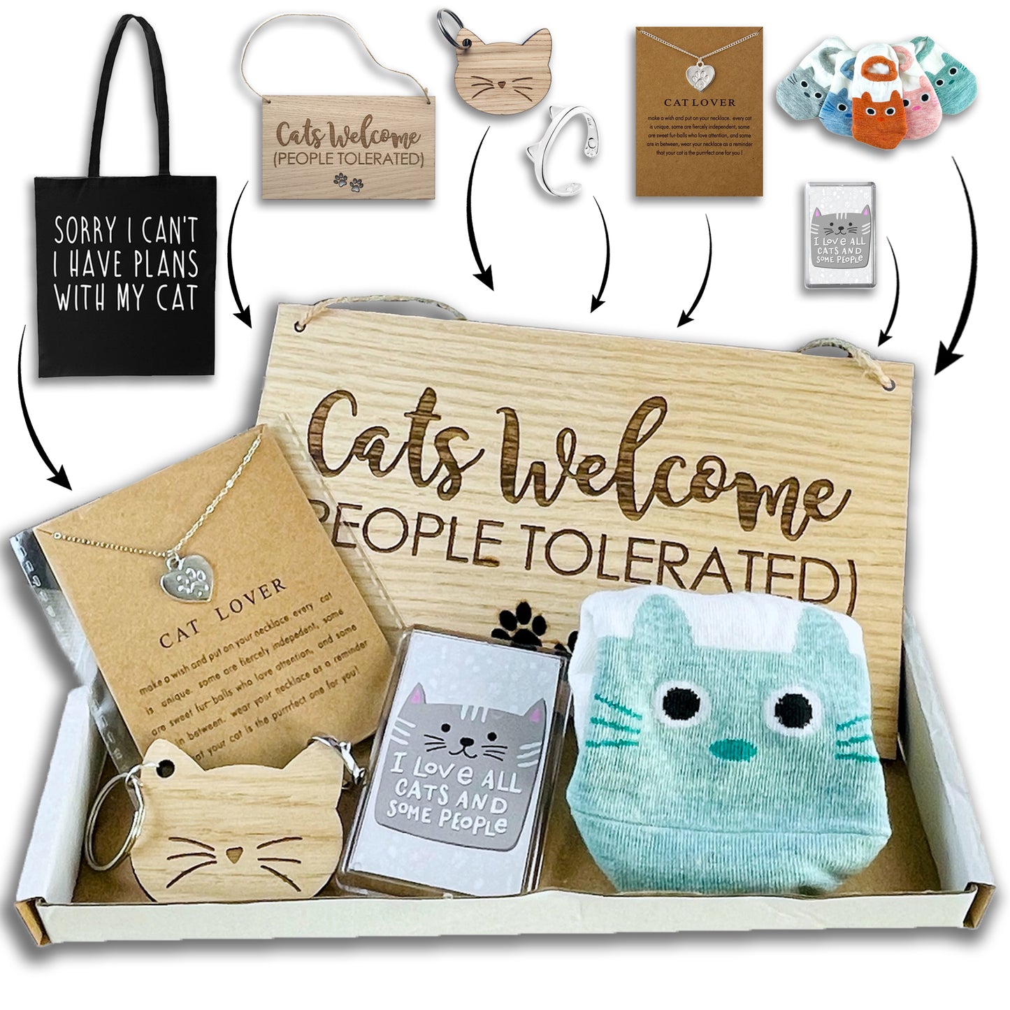 Cat Lover Hamper Box - Tote bag, Socks and Cute Cat goodies - Letterbox Gift 