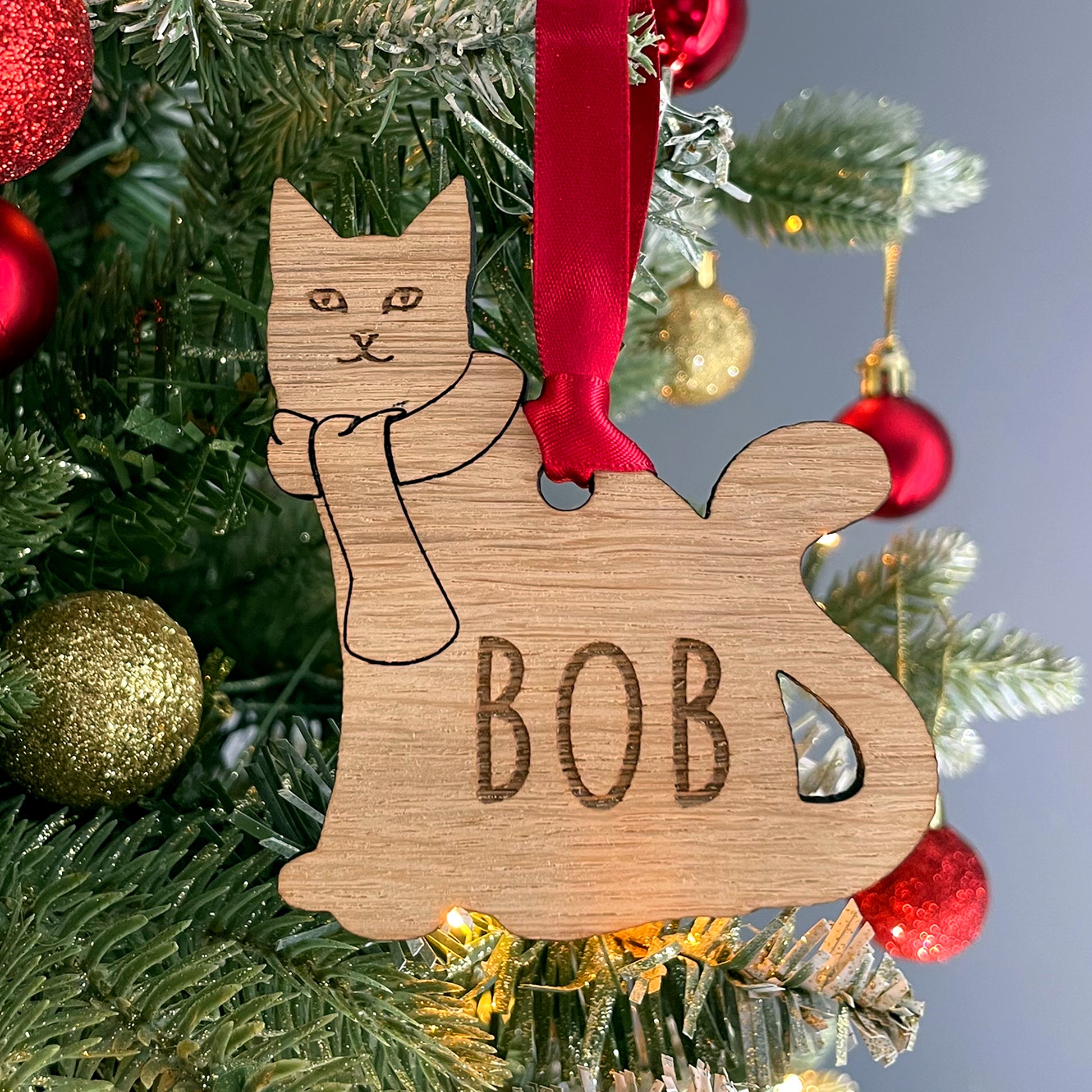 Personalised Wooden Cat with Scarf Christmas Bauble Decoration