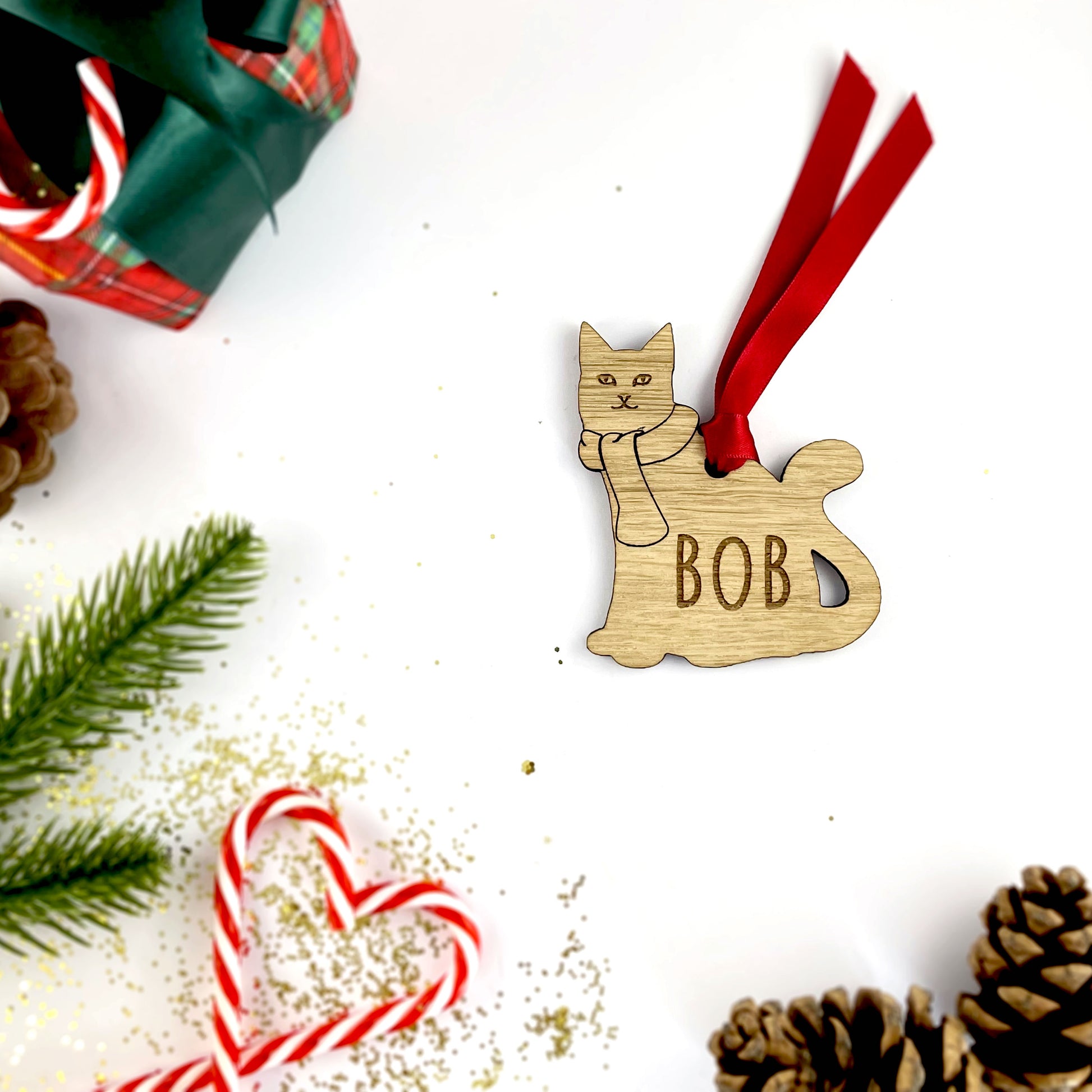 Personalised Wooden Cat with Scarf Christmas Bauble Decoration