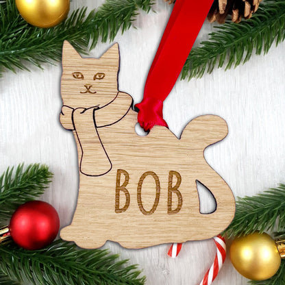 Personalised Wooden Cat with Scarf Christmas Bauble Decoration