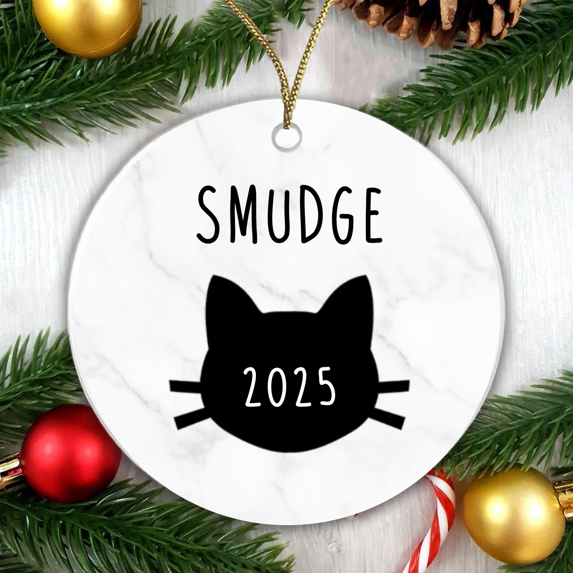 Personalised Cat Name and Year Bauble Christmas Tree Decoration Ceramic