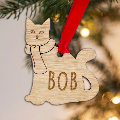 Personalised Wooden Cat with Scarf Christmas Bauble Decoration