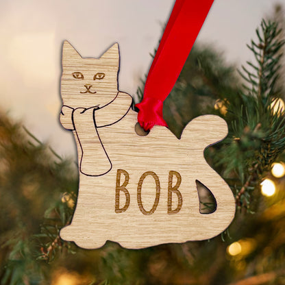 Personalised Wooden Cat with Scarf Christmas Bauble Decoration